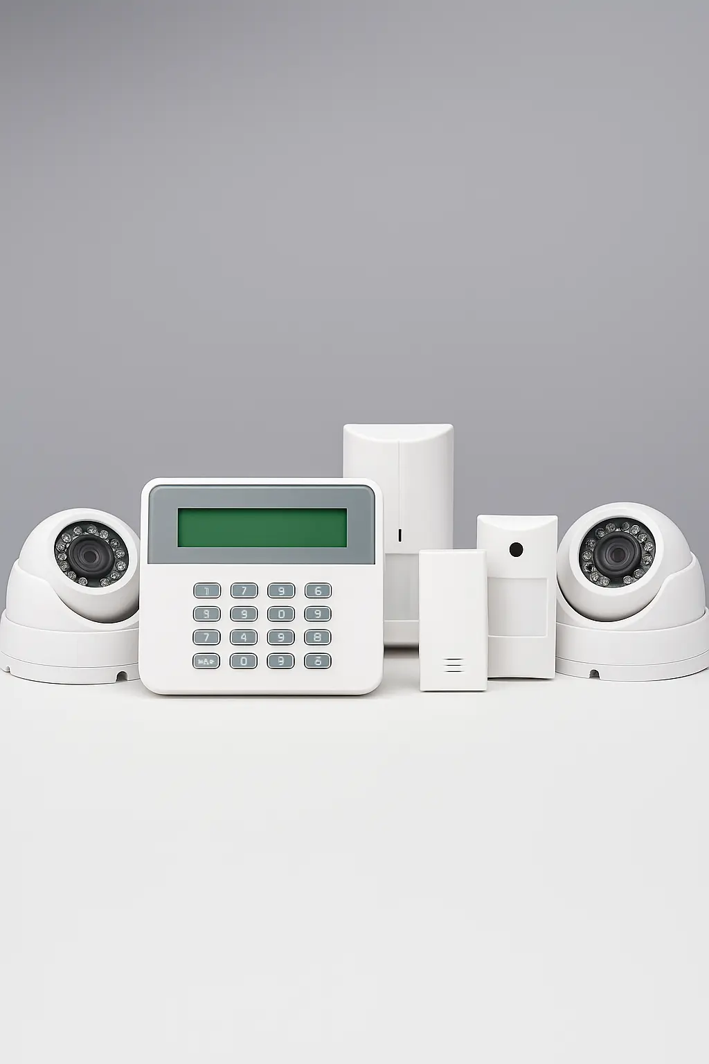 Panel de alarma y sensores instalados en empresa, ejemplo de sistema de seguridad empresarial en 2025