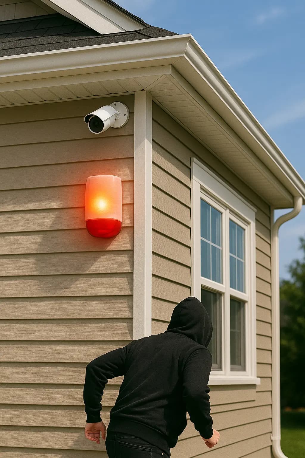 Cámara de seguridad instalada en casa moderna, ejemplo de tecnología para la protección del hogar en 2025