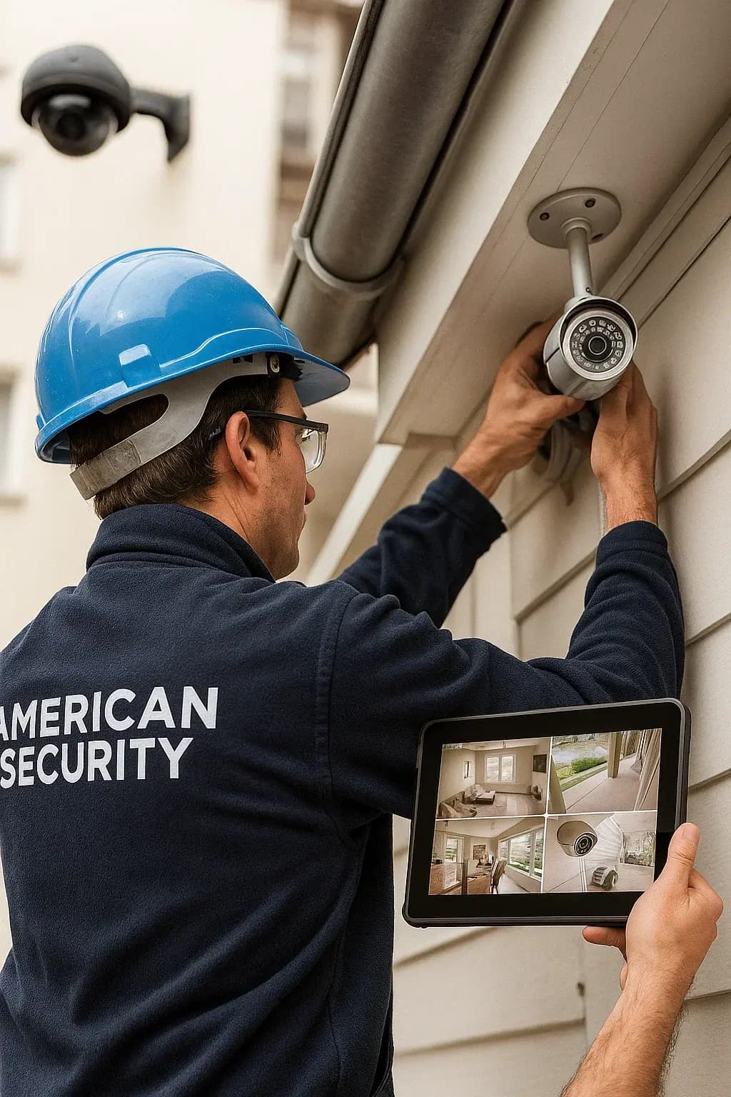 Cámaras de seguridad CCTV instaladas en empresa moderna, ejemplo de videovigilancia profesional en 2025