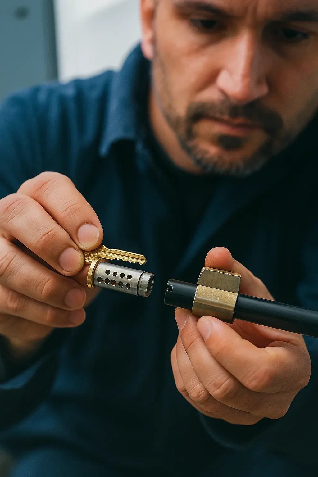 Técnico cerrajero realizando cambio de guardas en cerradura, ejemplo de mantenimiento de seguridad en puertas en 2025